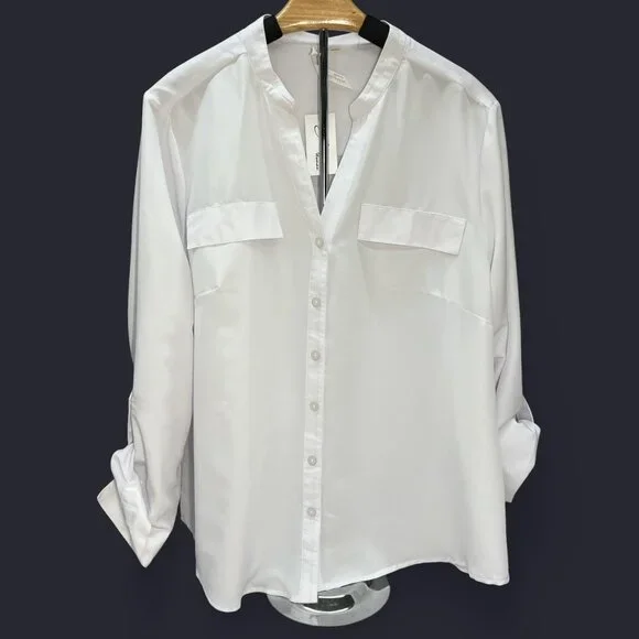 NY Collection White Button‑Up Long Sleeve Top (2X) - Picture 1 of 6